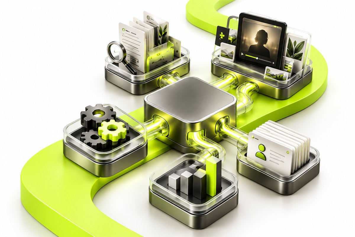 Illustration of connected specialist AI functions handling research, content, coordination, follow-up and growth.